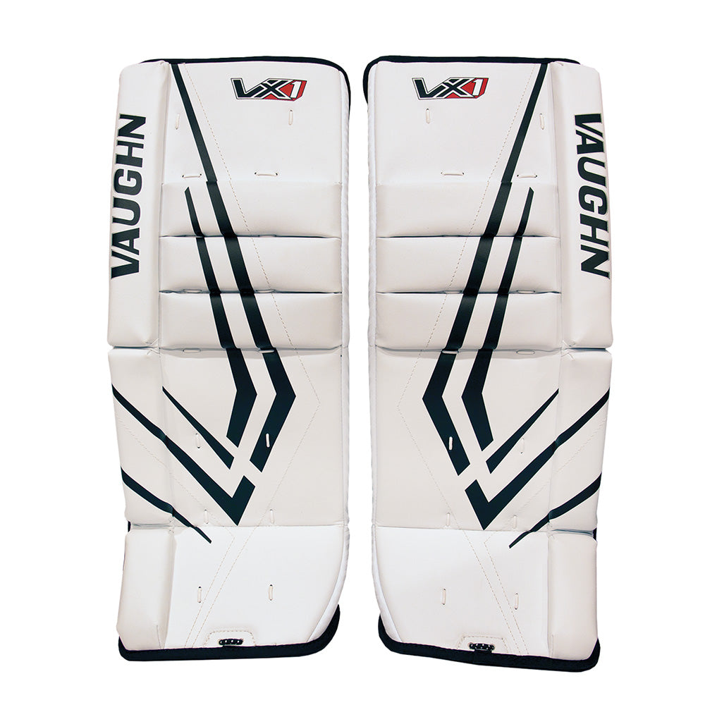 Vaughn Velocity VX1 Youth Goalie Leg Pads in White/Black Size 24+2in, image size:1000x1000