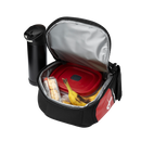 Bauer S26 black and red insulated lunch box open showing food storage interior with thermos