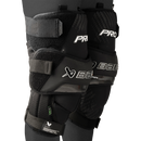 Bauer Pro Ice Hockey Goalie Knee Guards in black shown worn on leg, side angle view