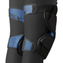 Bauer GSX ice hockey goalie knee guards in black and blue, close-up detail view