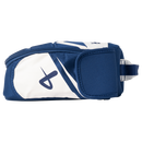 Bauer S26 lunch box in navy blue and white, shown from bottom angle with carry handle