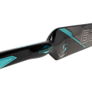 Close-up detail of Bauer Supreme goalie stick shaft showing Ergo Grip feature and teal graphics