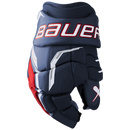 Bauer Supreme F40 Senior ice hockey glove in navy blue, red, and white colorway