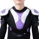 Junior wearing Bauer Vapor FlyG ice hockey shoulder pads in purple, white, and black colorway