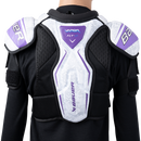 Rear view of Bauer Vapor FlyG Junior ice hockey shoulder pads in white and purple
