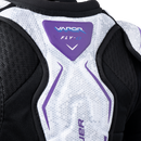 Close-up detail of Bauer Vapor Fly-G junior hockey shoulder pads back panel in white and purple