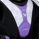 Close-up detail of Bauer Vapor FlyG Junior hockey shoulder pads showing purple chest panel and white diamond-pattern padding