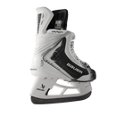 Bauer Vapor Flylite ice hockey skate in white and black, rear angle view showing blade holder