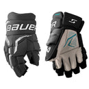 Bauer Supreme F40 Junior ice hockey gloves shown front and back in black and white