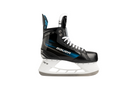 A single Bauer X Senior Hockey Skate with black color and blue accents on the upper part, featuring white laces and a white blade.