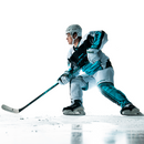 Hockey player in full gear using Bauer Pulse 2 white ice hockey stick in action pose