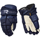 CCM Tacks XR Ghost Senior ice hockey gloves in navy blue, front and back view