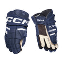 CCM Tacks XR80 Senior ice hockey gloves in navy and white, front and back view
