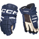 CCM Tacks XR80 senior ice hockey gloves in navy blue and white, front and back view