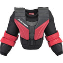 CCM Phenom youth ice hockey goalie chest protector in black, red, and gray colorway, front view