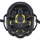 Interior view of CCM Tacks 310 Junior hockey helmet showing navy padding and yellow foam liner