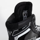 Close-up detail of CCM XR70 goalie ice hockey skate collar and ankle padding in black