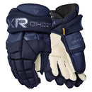 CCM Tacks XR Ghost Senior ice hockey gloves in navy blue, shown front and back