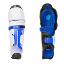 Sherwood Code Photon 1 Junior Ice Hockey Shin Guards shown front and back views in white and blue