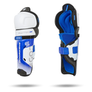 Sherwood Code Photon 1 Junior Ice Hockey Shin Guards shown front and back view in white and blue