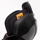 Close-up detail of CCM shin guard showing D3O impact protection padding insert in orange label