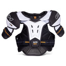 CCM Tacks XR 80 Senior ice hockey shoulder pads in black, white, and gold colorway, front view